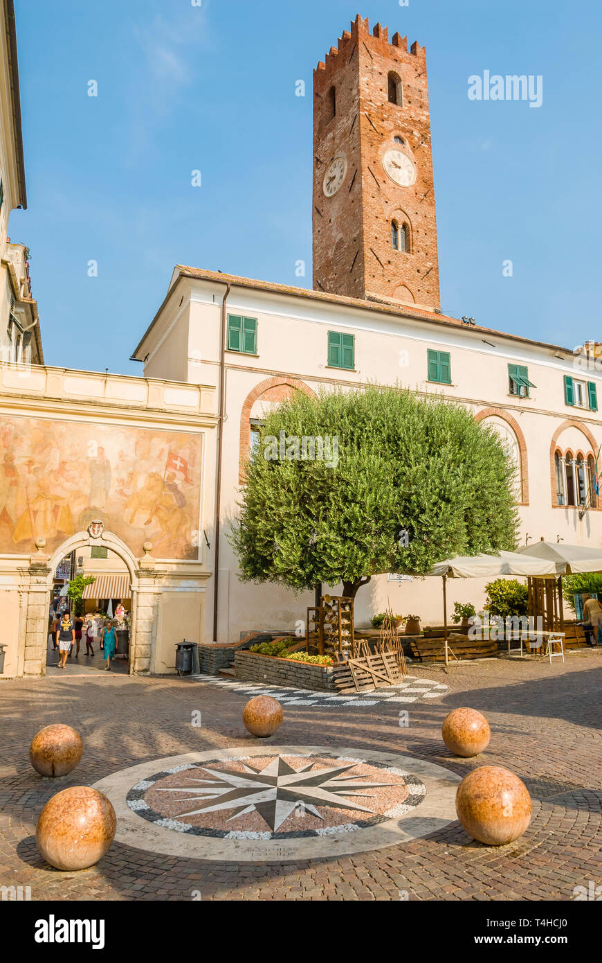 Civic Tower in the old town of Noli, Liguria North West Italy Stock Photo