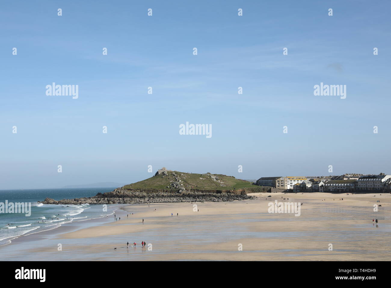 View of PorthMeor Beach The Island Background St. Ives Saint Ives Cornwall Blue Sky Stock Photo