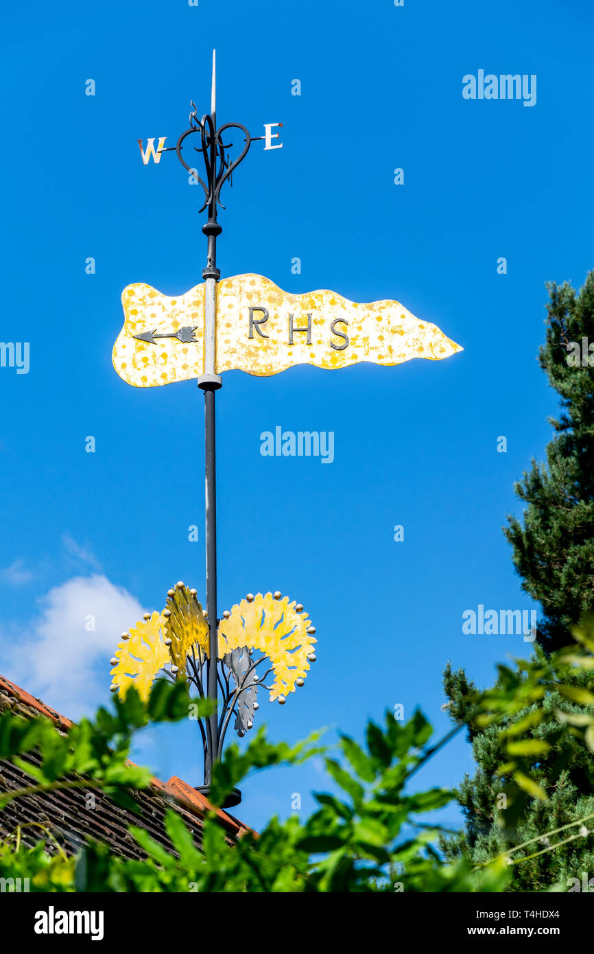 Weather vane at Royal Horticultural Society (RHS) gardens Wisley against a blue sky Stock Photo