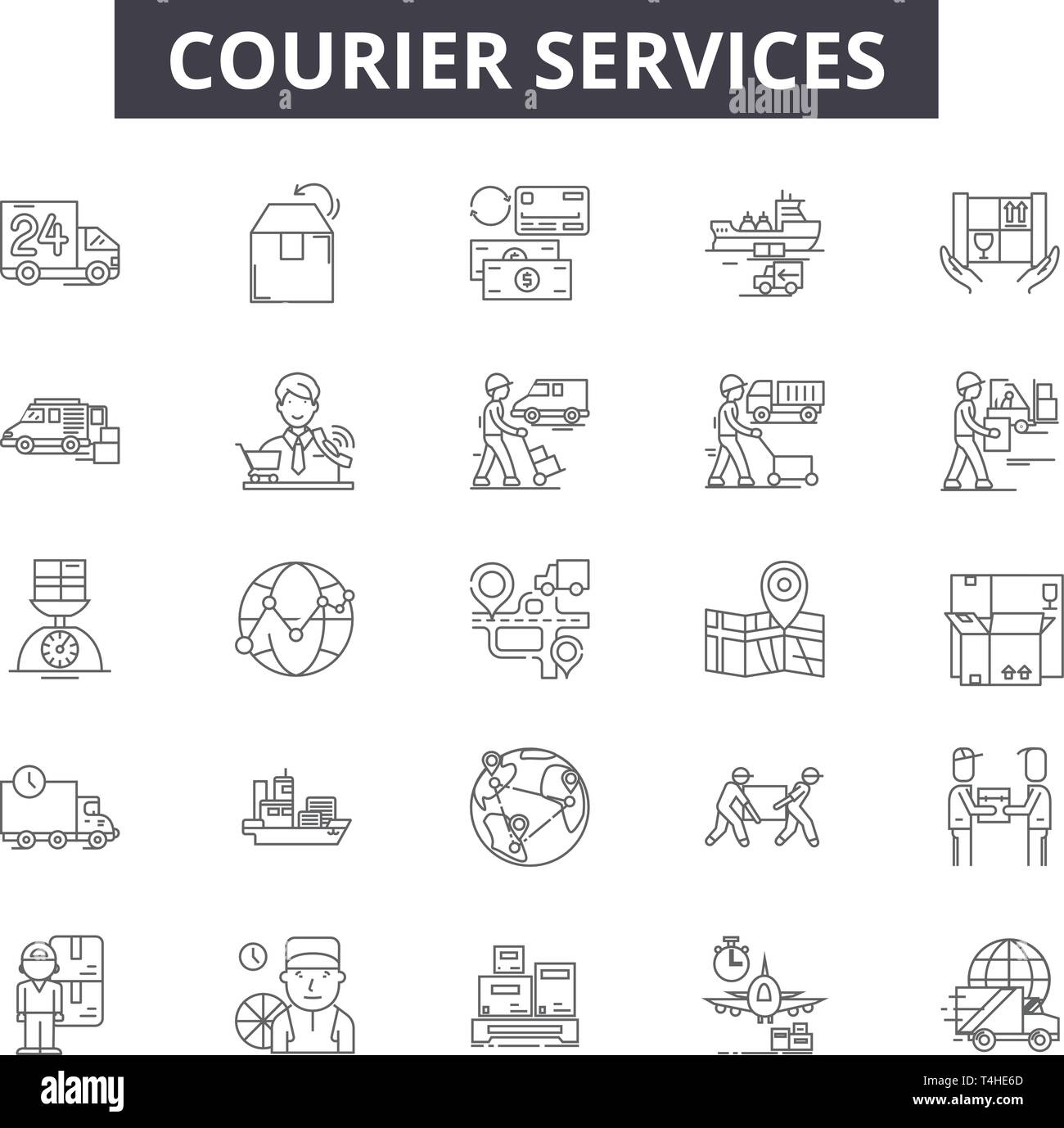 Courier services line icons, signs set, vector. Courier services outline concept illustration: service,delivery,courier,shipping,transportation,busine Stock Vector