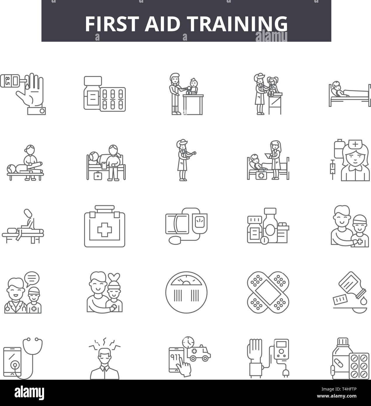 First aid training line icons, signs set, vector. First aid training ...