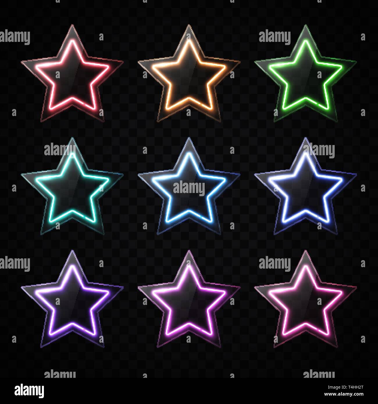 Color neon star shape banners set. Glowing led light stars with glass texture plate. Glossy infographics elements design Stock Vector