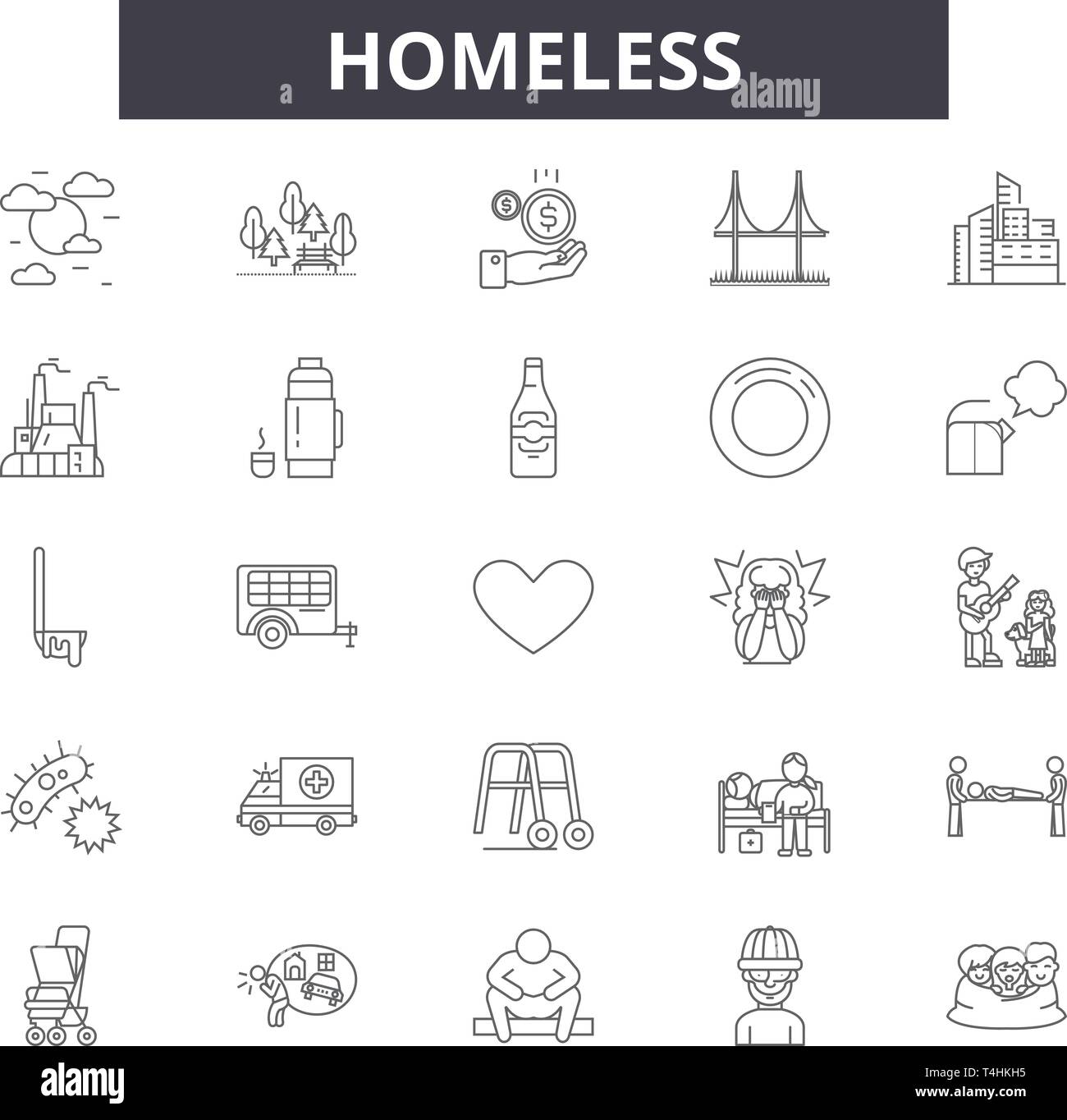 Homeless line icons, signs set, vector. Homeless outline concept illustration: homeless,people,poverty,poor,man,charity,help Stock Vector