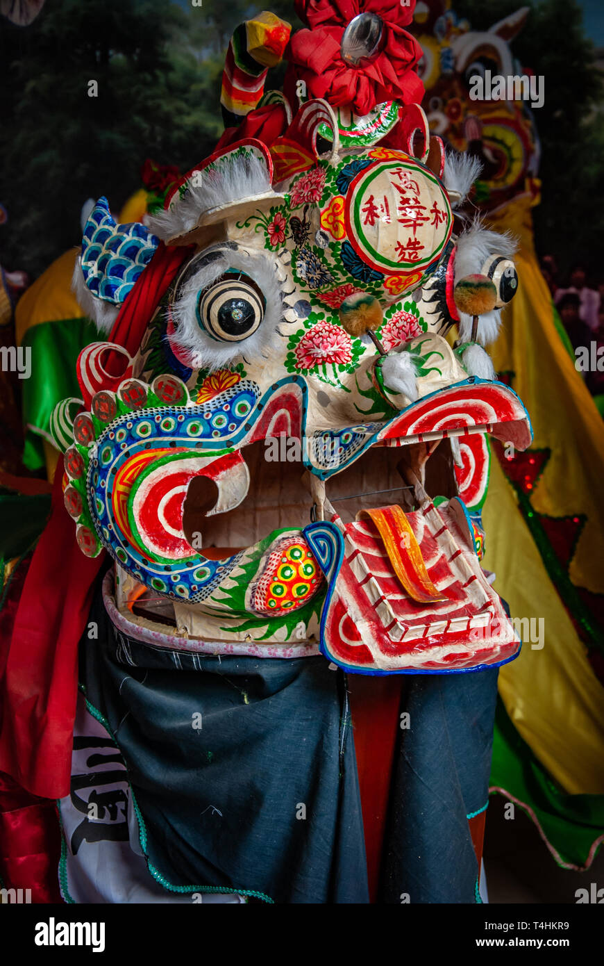 closeup head dancing dragon china.  Chinese lion dance costumes for Chinese new year. Art exposition Stock Photo