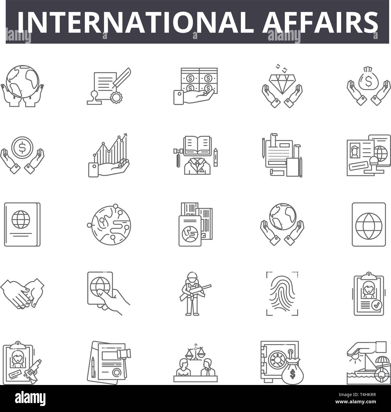 International affairs line icons, signs set, vector. International affairs outline concept illustration: international,business,affair,exchange,flat,g Stock Vector