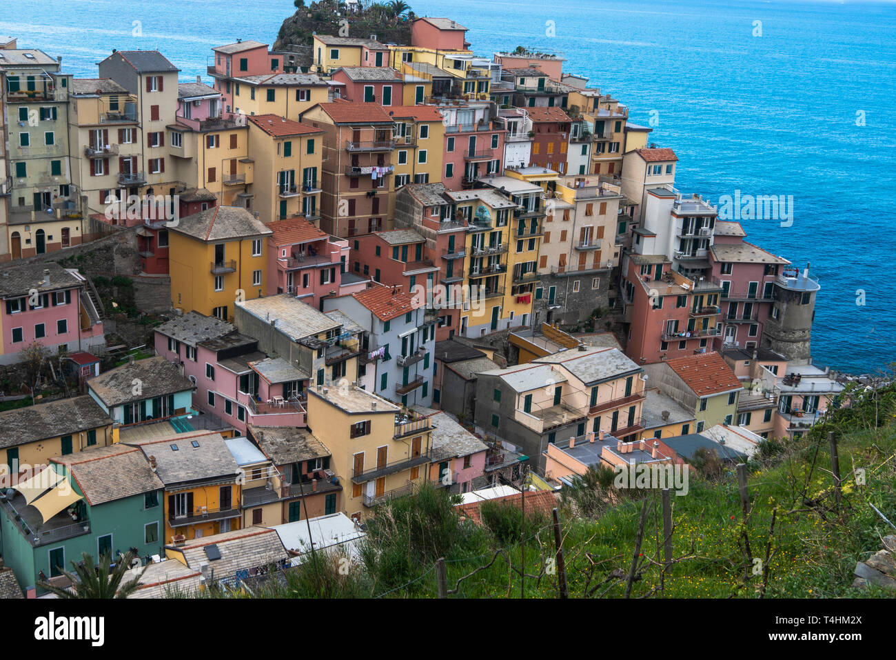 Italy, Manarola – 13 April 2019: The colourful village of Monterosso. Monterosso is one of the five Cinque Terre travel attractions Stock Photo