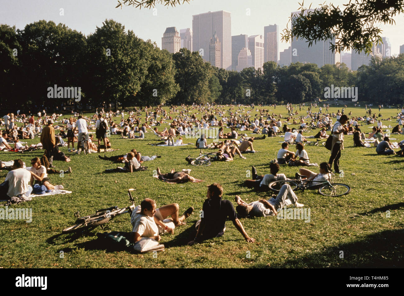 Sunbathers on Sheep Meadow with Skyline in background, Central Park ...