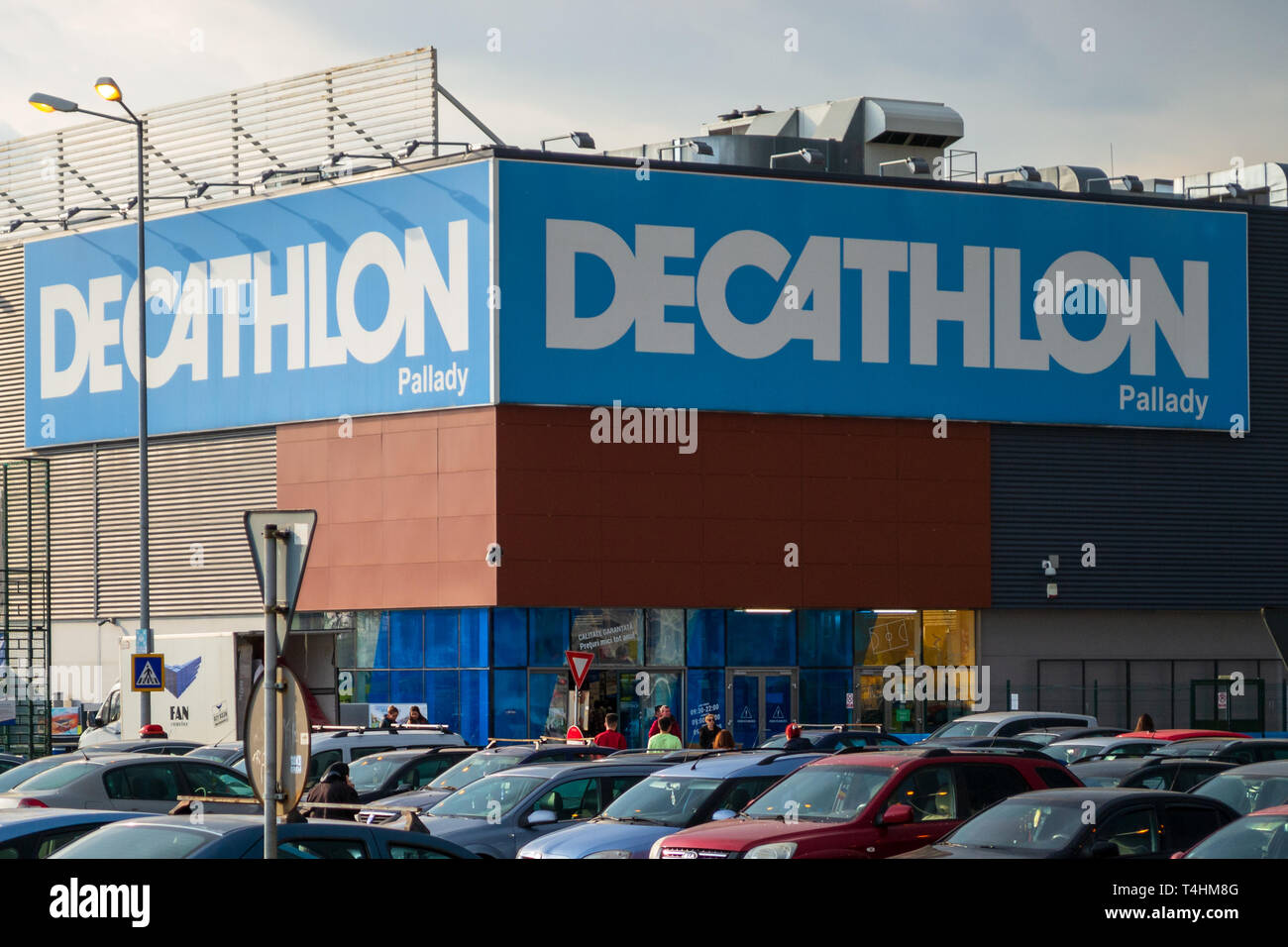 Bucharest, Romania - April 16, 2019: Decathlon Pallady store front and entrance in Sector 3, Bucharest, Romania. The french sporting goods retailer op Stock Photo