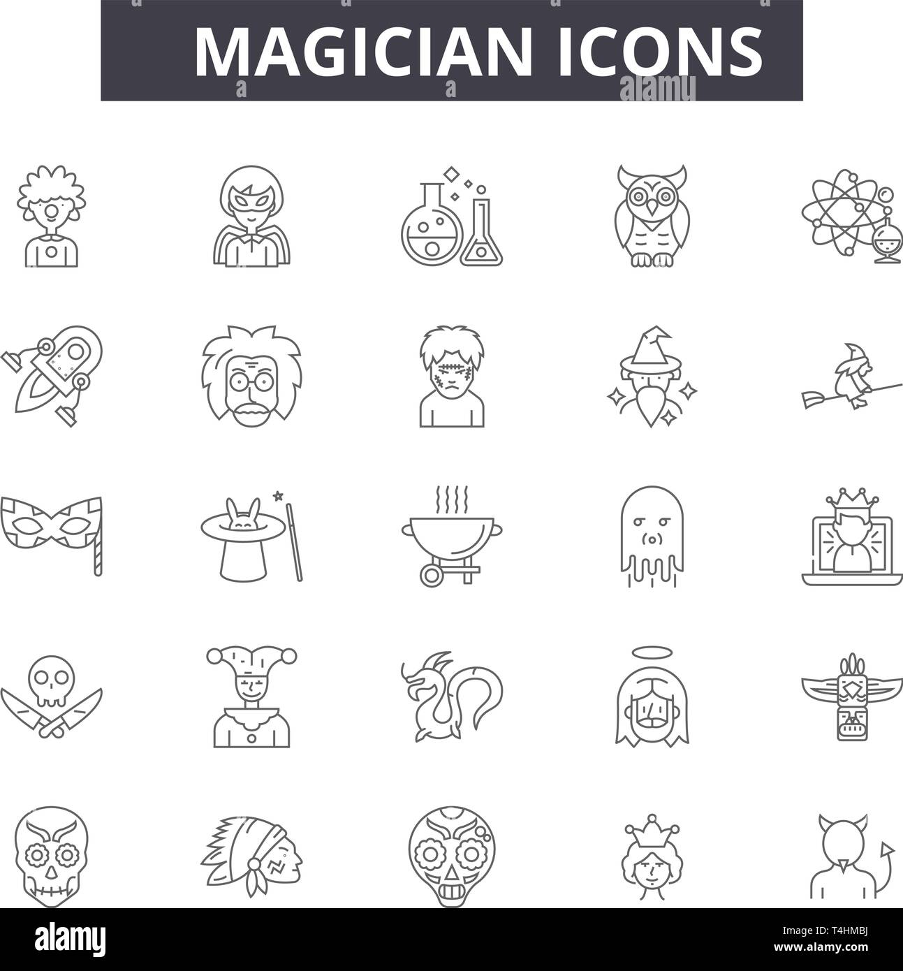 Magician line icons, signs set, vector. Magician outline concept ...