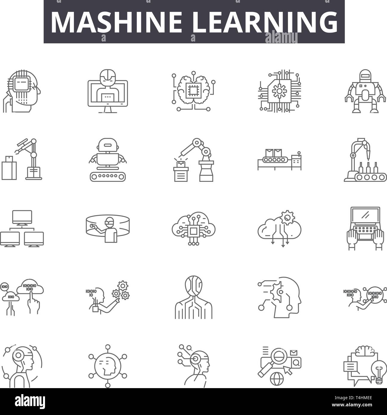 Mashine learning line icons, signs set, vector. Mashine learning ...