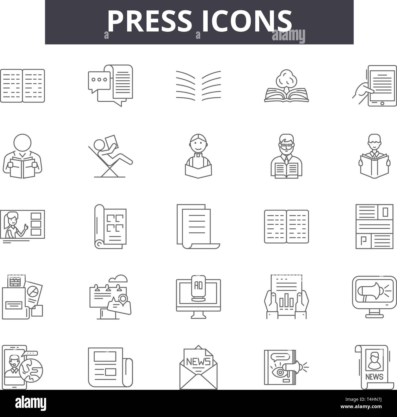 Press line icons, signs set, vector. Press outline concept ...