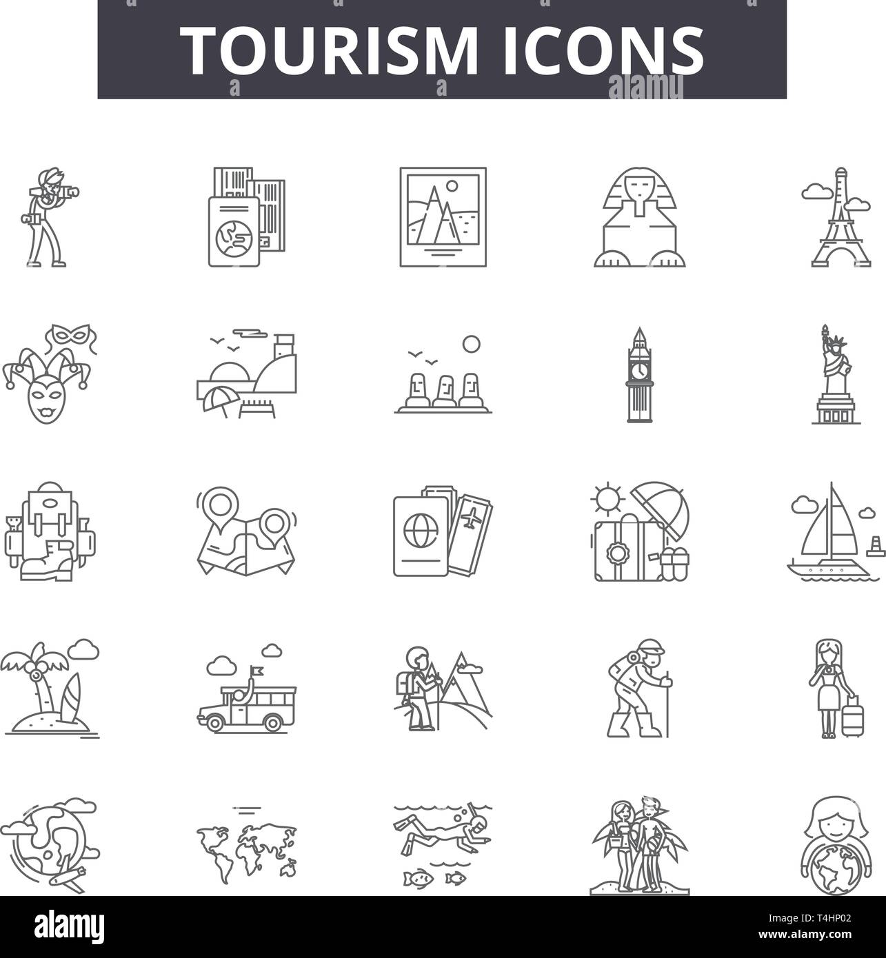 Tourism line icons, signs set, vector. Tourism outline concept ...