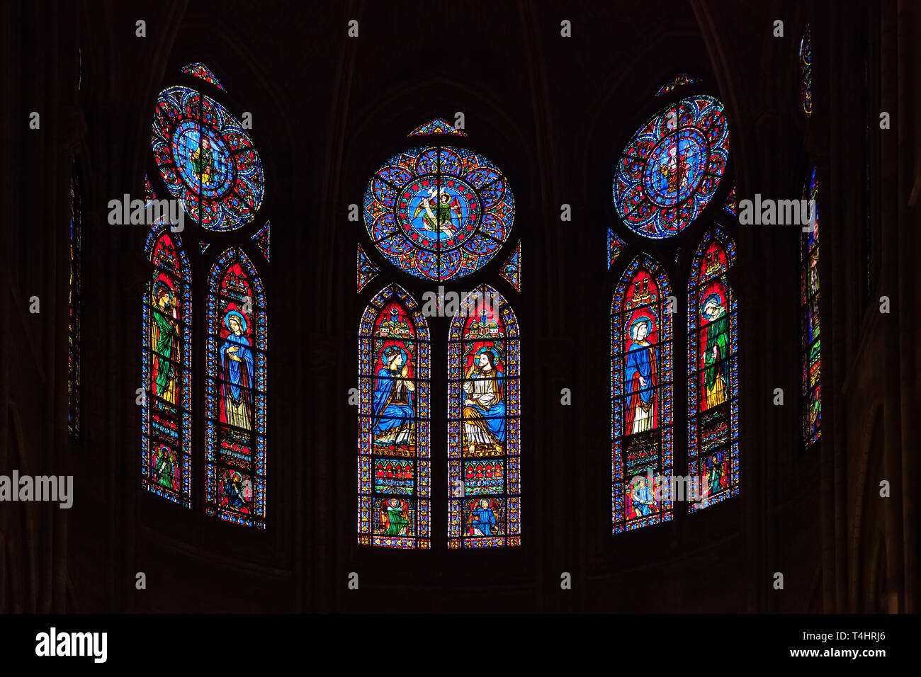 PARIS, FRANCE - APRIL 25: Stained glass windows in Cathedral Notre Dame de Paris on april 25, 2011 in Paris. Stock Photo
