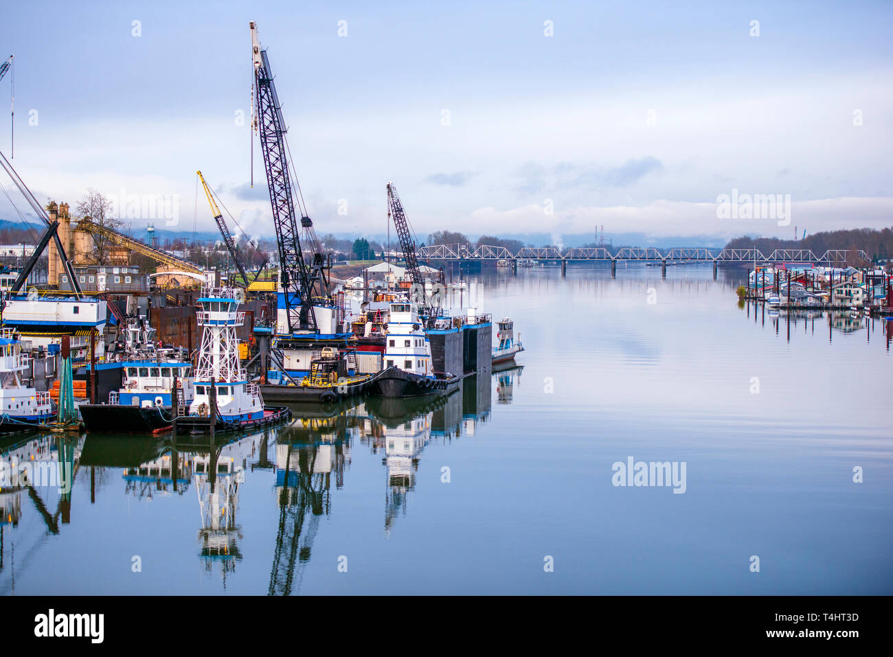 Industrial pier with floating docks on the Columbia River, moored river