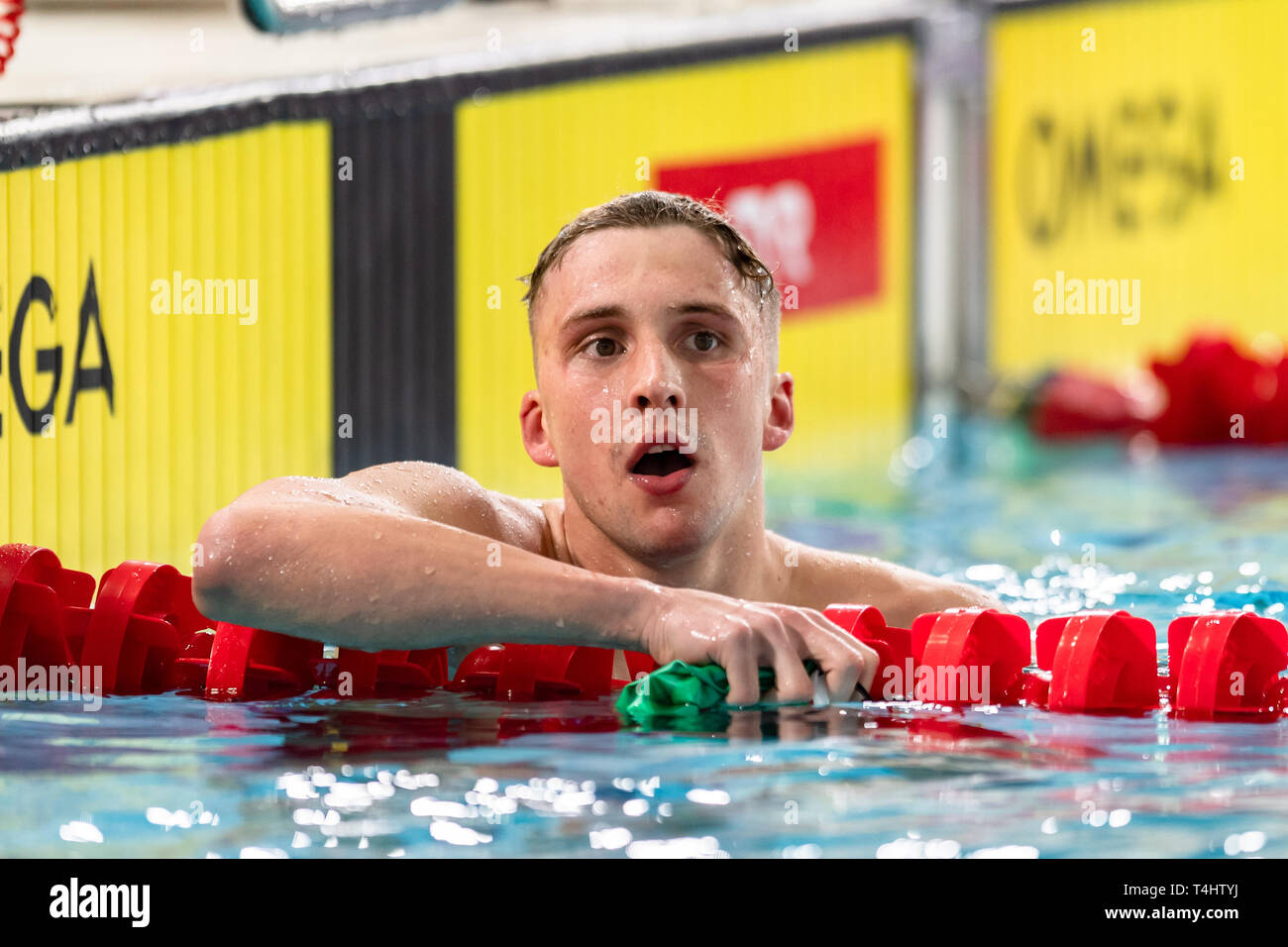 Glasgow, UK. 16th Apr, 2019. Daniel Jervis (Swansea Uni) is a new British Champion for the Men Open 400m Freestyle  Final during British Swimming Championships 2019 at Tollcross International Swimming Centre on Tuesday, April 16, 2019 in Glasgow Scotland. Credit: Taka G Wu/Alamy Live News Stock Photo