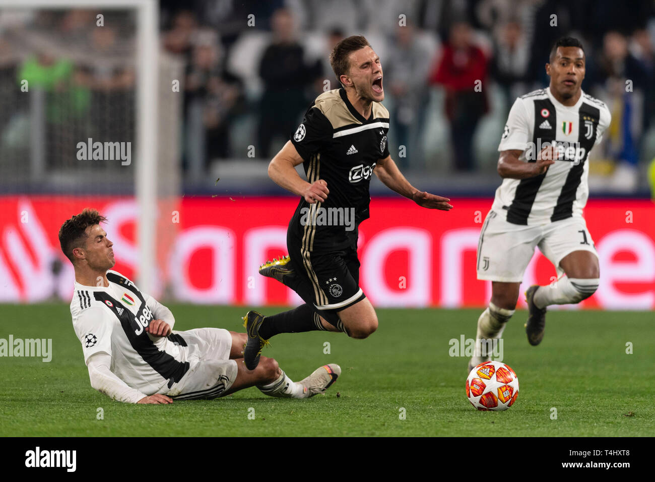 Joel Veltman (Ajax) Cristiano Ronaldo dos Santos Aveiro (Juventus) during the Uefa 'Champions League' Quarter-finals,2st leg, match between Juventus 1-2 Ajax at Allianz Stadium on April 16, 2019 in Torino, Italy. Credit: Maurizio Borsari/AFLO/Alamy Live News Stock Photo