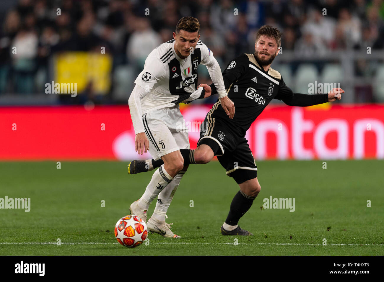 Cristiano Ronaldo dos Santos Aveiro (Juventus) Lasse Schone (Ajax) during the Uefa 'Champions League' Quarter-finals,2st leg, match between Juventus 1-2 Ajax at Allianz Stadium on April 16, 2019 in Torino, Italy. Credit: Maurizio Borsari/AFLO/Alamy Live News Stock Photo