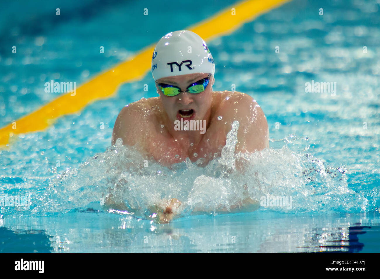 Ross Murdoch (University of Stirling) in action during the men's open 100 metres breaststroke final, during Day 1 of the 2019 British Swimming Championships, at Tollcross International Swimming Centre. Stock Photo