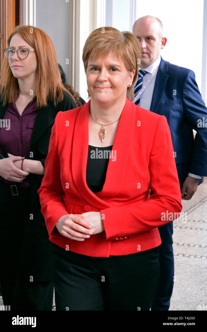 Dundee, Scotland, United Kingdom. 17th Apr, 2019. Scottish First Minister and SNP leader Nicola Sturgeon leaves the main hall after addressing the STUC Congress, Credit: Ken Jack/Alamy Live News Stock Photo