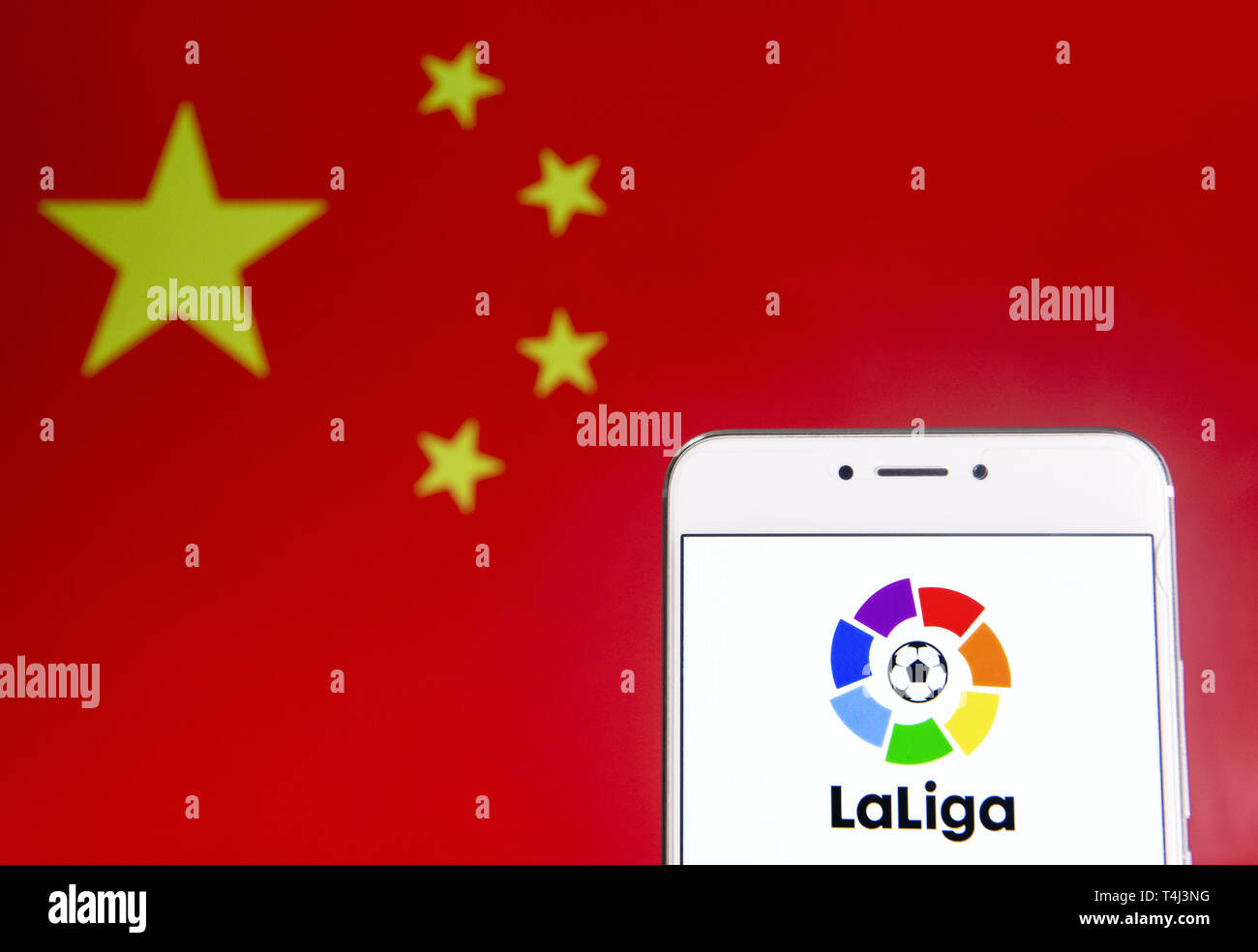 April 6 2019 Hong Kong In This Photo Illustration A Spanish Professional Football League La Liga Logo Is Seen On An Android Mobile Device With People S Republic Of China Flag
