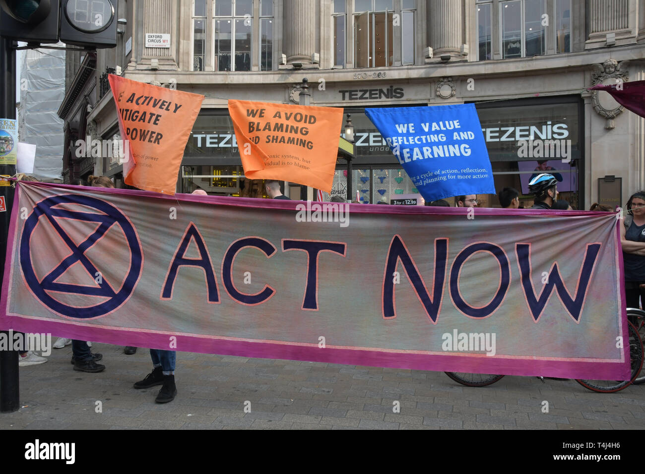 London, UK. 17th Apr, 2019. Activists demotration and camping in the middle of Oxford Street demand the UK govt to act on climate change or we will be camping as long as until we get our demand. As a journalist is it a threat or blackmail the UK govt. If the UK govt give in or surrender to their demand doesnt makes the govt weak? on 17 April 2019, London, UK. Credit: Picture Capital/Alamy Live News Stock Photo
