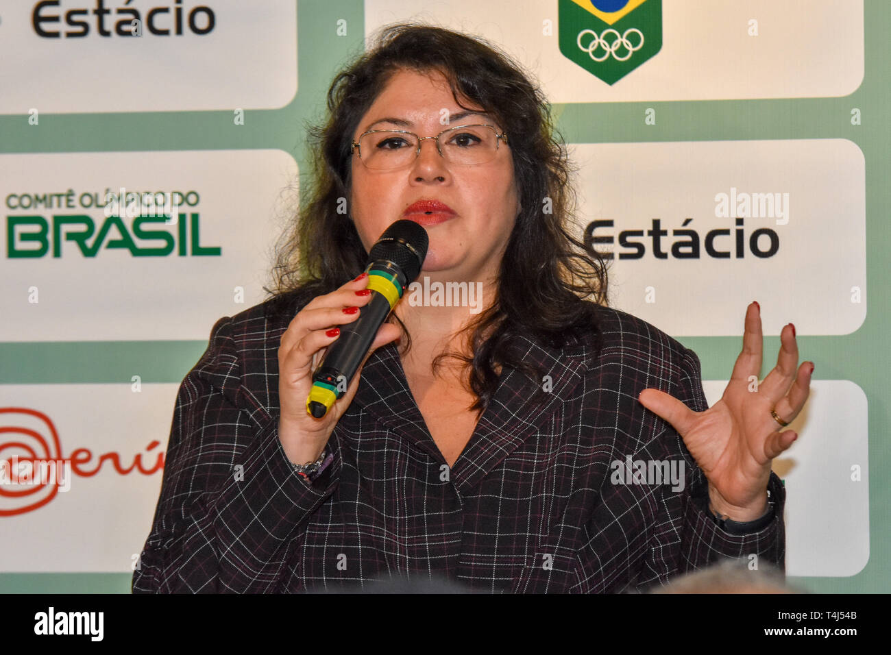 SÃO PAULO, SP - 17.04.2019: 100 DIAS PARA OS JOGOS PANAMERICANOS - The Brazilian Olympic Committee held an event to mark the 100-day date for the Pan American Games Lima 2019 on Thursday (17) at the Lima Cocina Peruana restaurant in São Paulo. In the photo Milagros Uchoa, director of the tourism office of the Peru in Brazil. (Photo: Roberto Casimiro/Fotoarena) Stock Photo