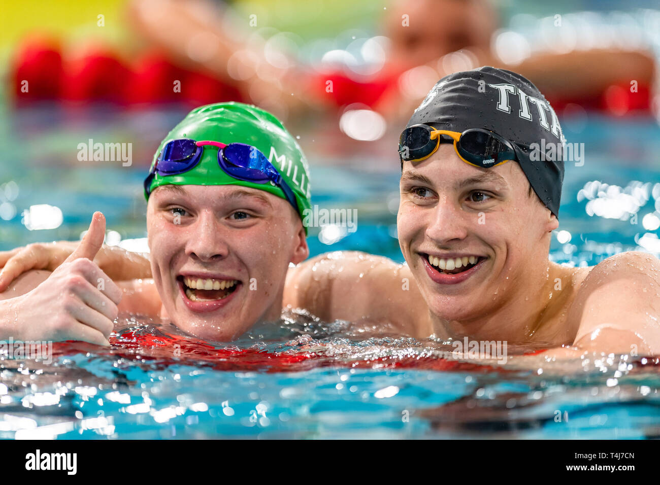 Glasgow, UK. 17th Apr, 2019. Jakob Goodman (left) of Milfield congratulates Charlie Hutchison (right) for wining the Men Transitional 200m Butterfly Final during 2nd day of British Swimming Championships 2019 at Tollcross International Swimming Centre on Wednesday, April 17, 2019 in Glasgow Scotland. Credit: Taka G Wu/Alamy Live News Stock Photo