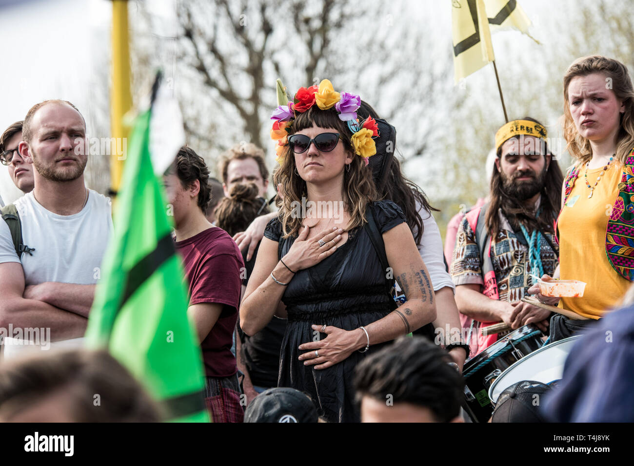 Protesters seen standing during the Extinction Rebellion strike in London.  Extinction Rebellion protesters have blocked five central London landmarks to protest against the government inaction on climate change. Stock Photo
