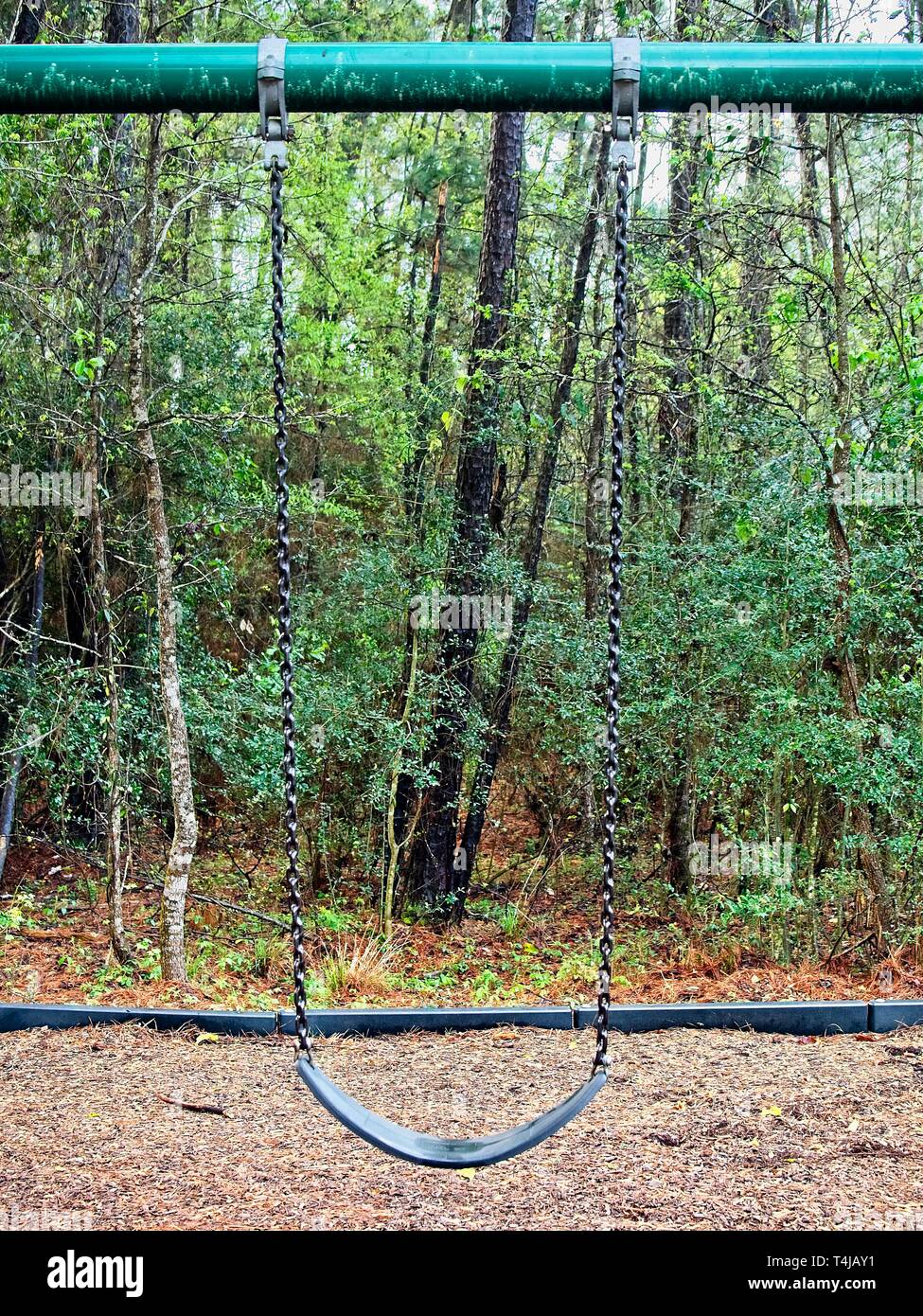 The Woodlands, TX USA  -  03/14/2019  -  Green Swing in Park The Woodlands TX Stock Photo