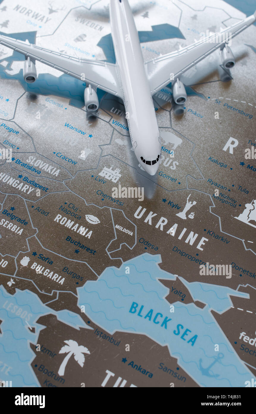Travel concept Airplane model - Travel Concept Airplane Model On Europe Map Background Map Of Ukraine T4JB31 