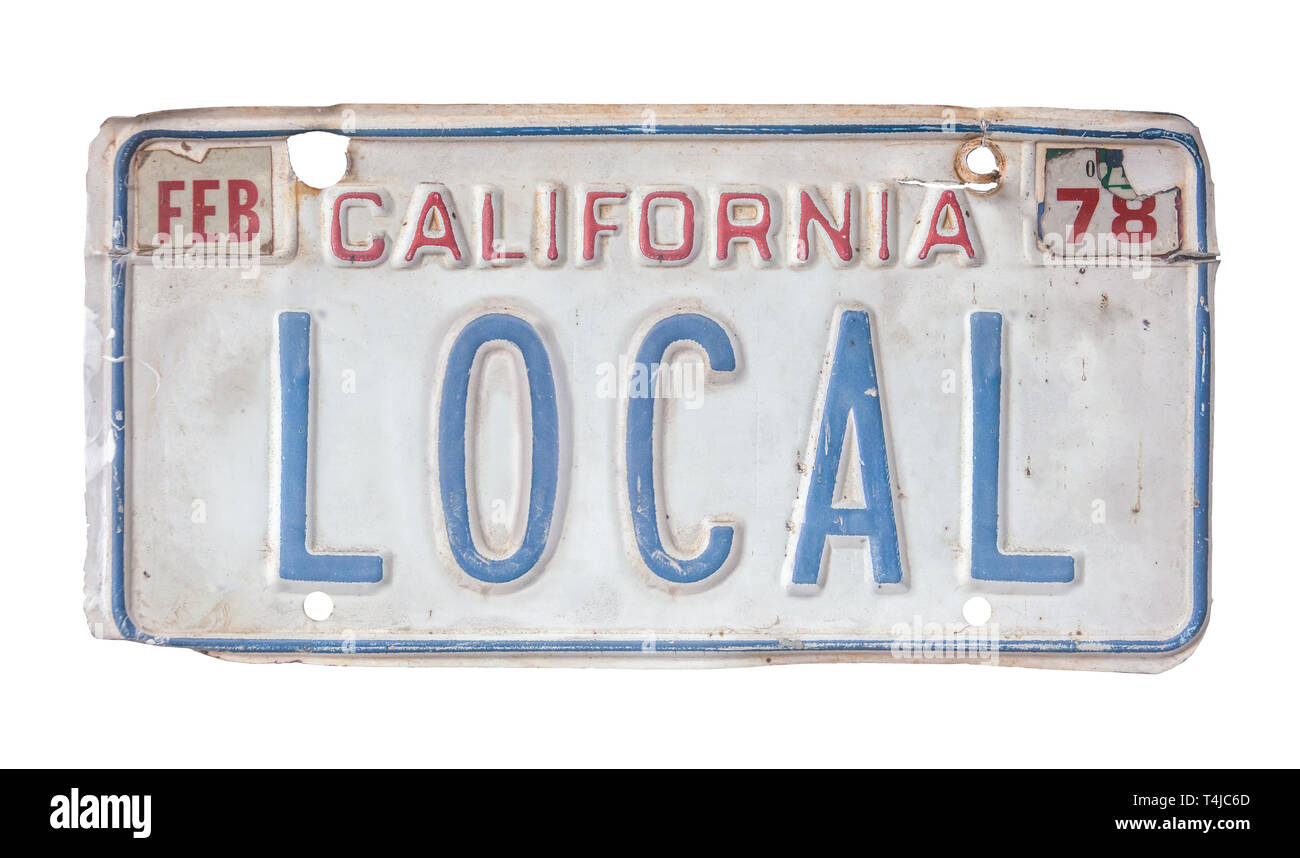 Isolated Grungy 1970s California Local License Plate Stock Photo