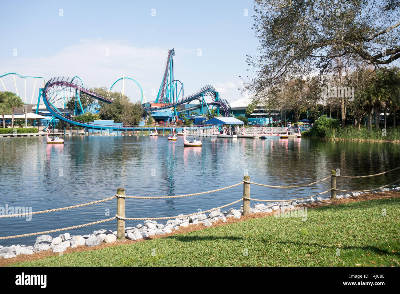 A Distance View of Flamingo Paddling Boats and Manta, the largest ride at Seaworld in Orlando. Stock Photo