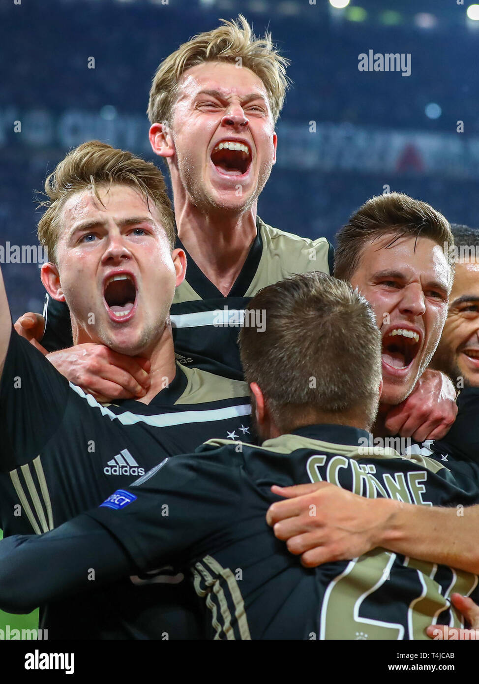 16th of april 2019 Turin, Italy Soccer Champions League 2018-2019: Juventus v Ajax    Matthijs de Ligt of Ajax, Frenkie de Jong of Ajax, Joel Veltman of Ajax Stock Photo