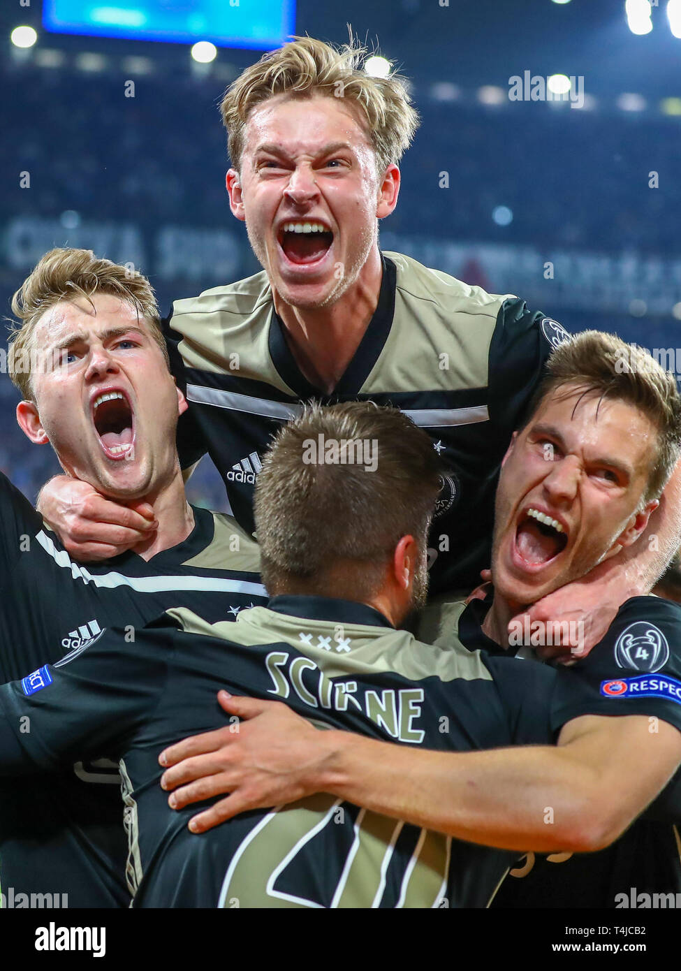 16th of april 2019 Turin, Italy Soccer Champions League 2018-2019: Juventus v Ajax    Ajax celebrates the goal  Matthijs de Ligt of Ajax, Frenkie de Jong of Ajax, Joel Veltman of Ajax, Lasse Schone of Ajax Stock Photo