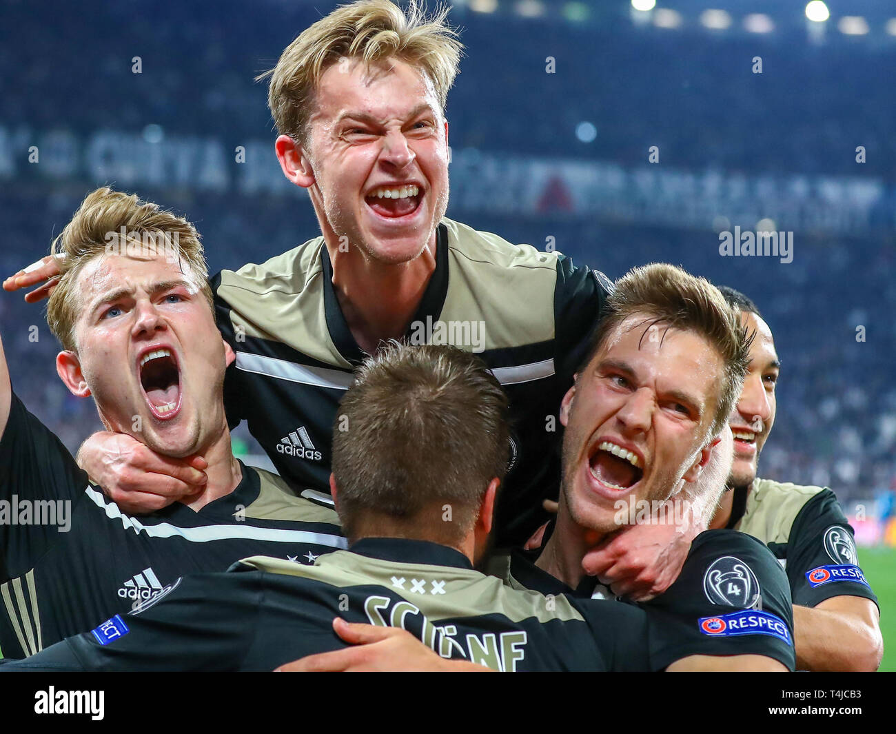 16th of april 2019 Turin, Italy Soccer Champions League 2018-2019: Juventus v Ajax    Ajax celebrates the goal  Matthijs de Ligt of Ajax, Frenkie de Jong of Ajax, Joel Veltman of Ajax, Lasse Schone of Ajax Stock Photo