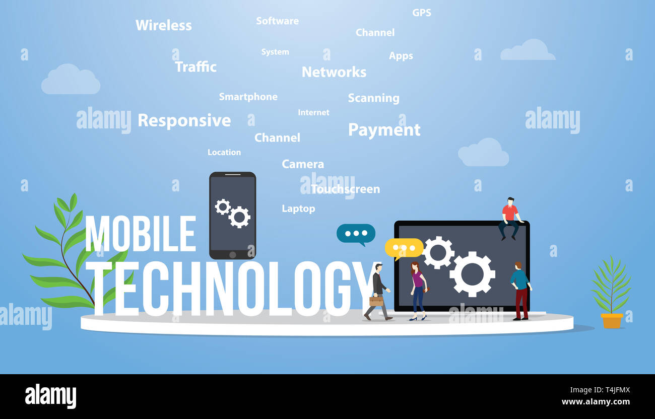 mobile technology concept with smartphone and laptop with team people ...