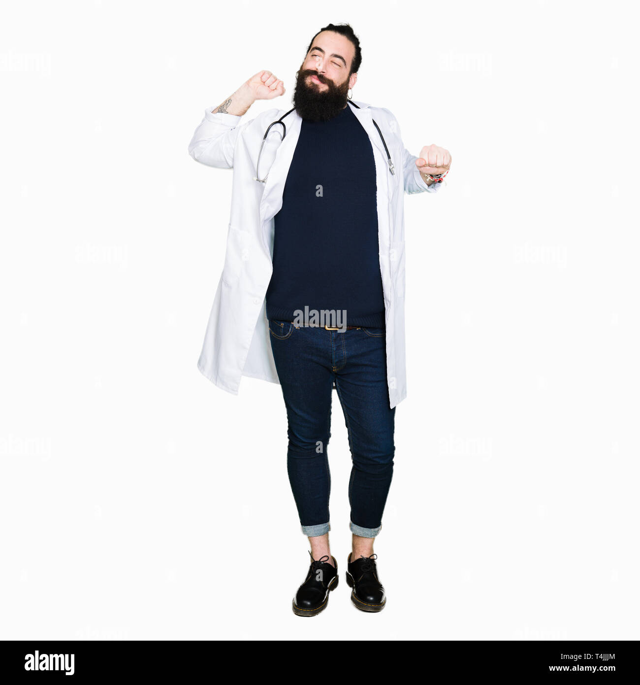 Doctor With Long Hair Wearing Medical Coat And Stethoscope