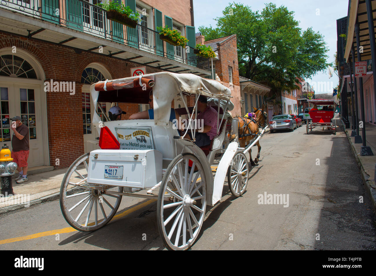 Horse drawn carriage tours on Chartres Street between Dumaine Street and St Ann Street in French Quarter in New Orleans, Louisiana, USA. Stock Photo