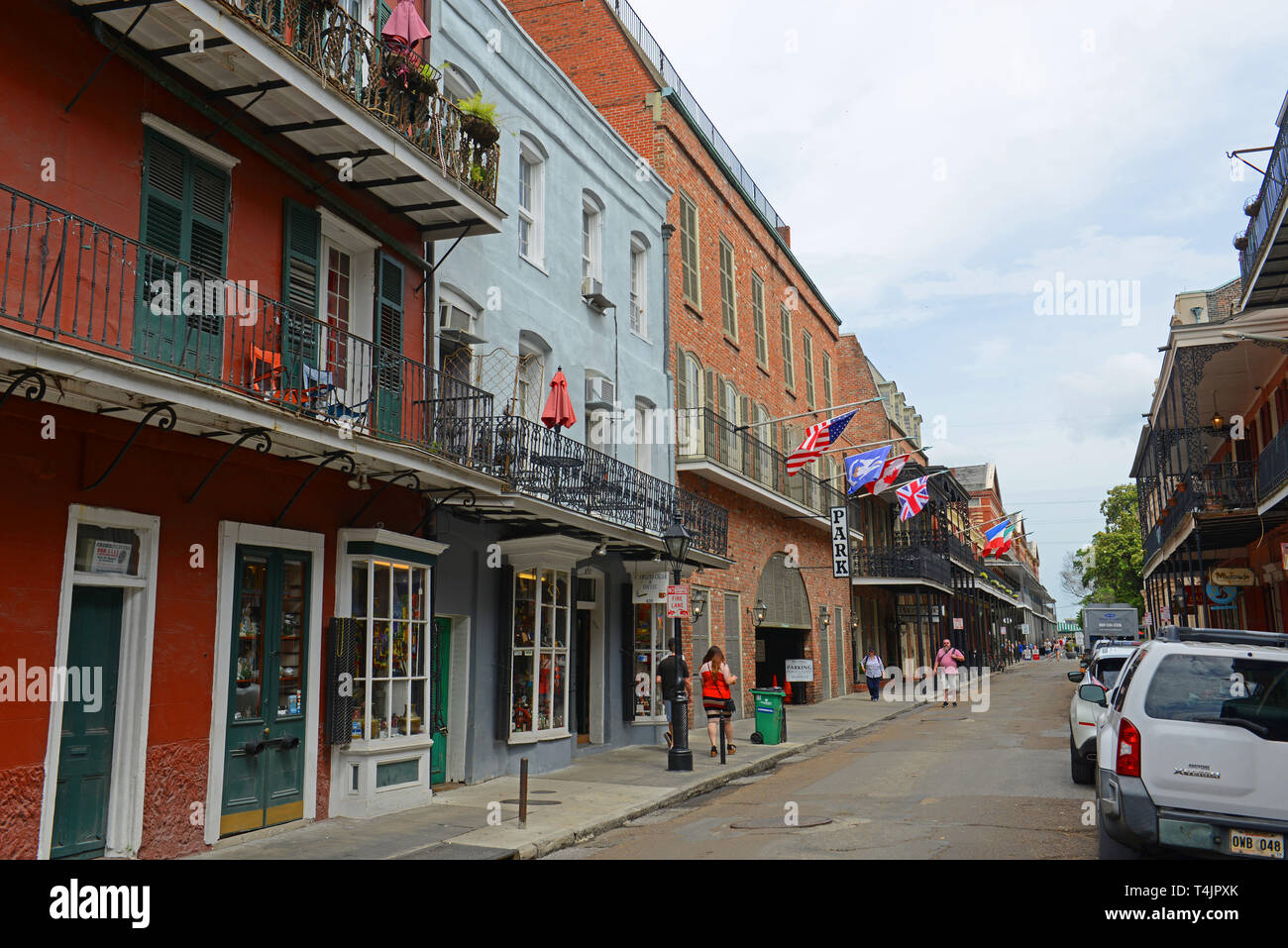 Historic Buildings on St Ann Street between Chartres Street and Royal Street in French Quarter in New Orleans, Louisiana, USA. Stock Photo