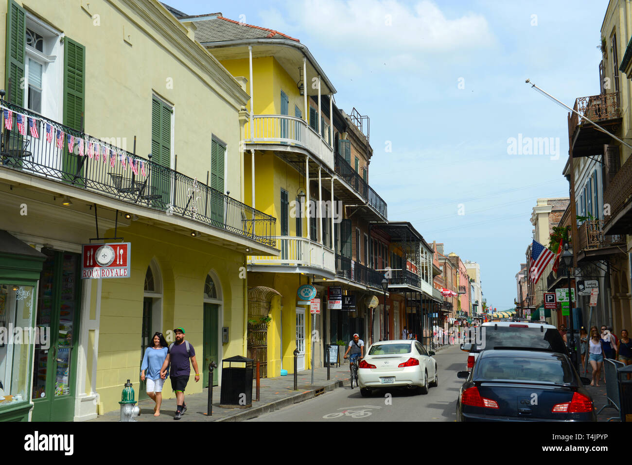 Historic Buildings on Toulouse Street between Royal Street and Chartres Street in French Quarter in New Orleans, Louisiana, USA. Stock Photo