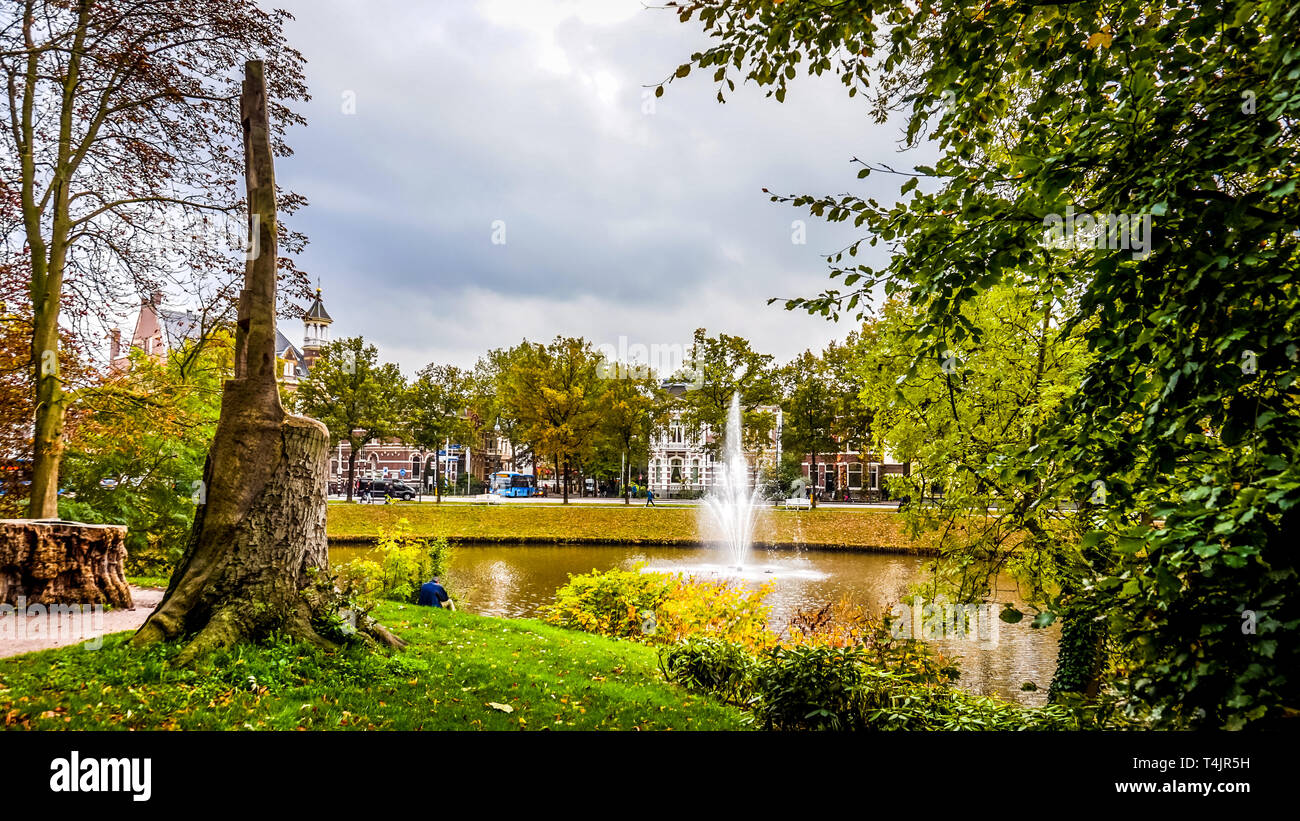 Fountain in the Stadsgracht, the canal around the historic hanseatic city of Zwolle in the Netherlands Stock Photo