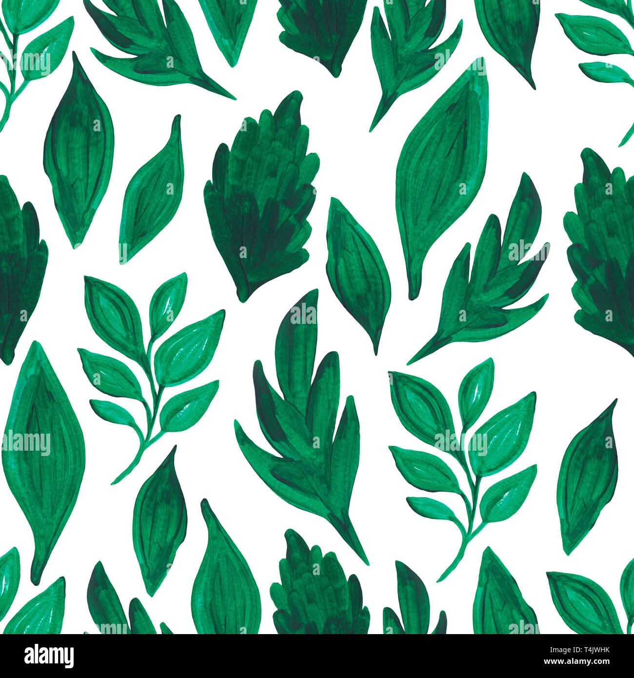 seamless pattern green leaves branch on white isolated background. Hand ...