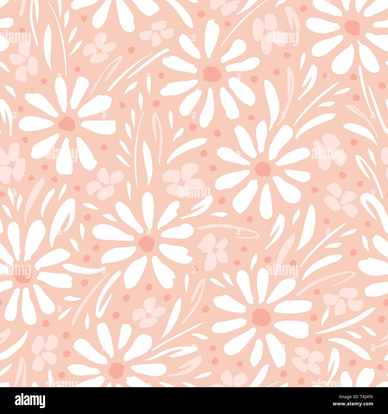 Monochrome hand-painted daisies and foliage on peach pink