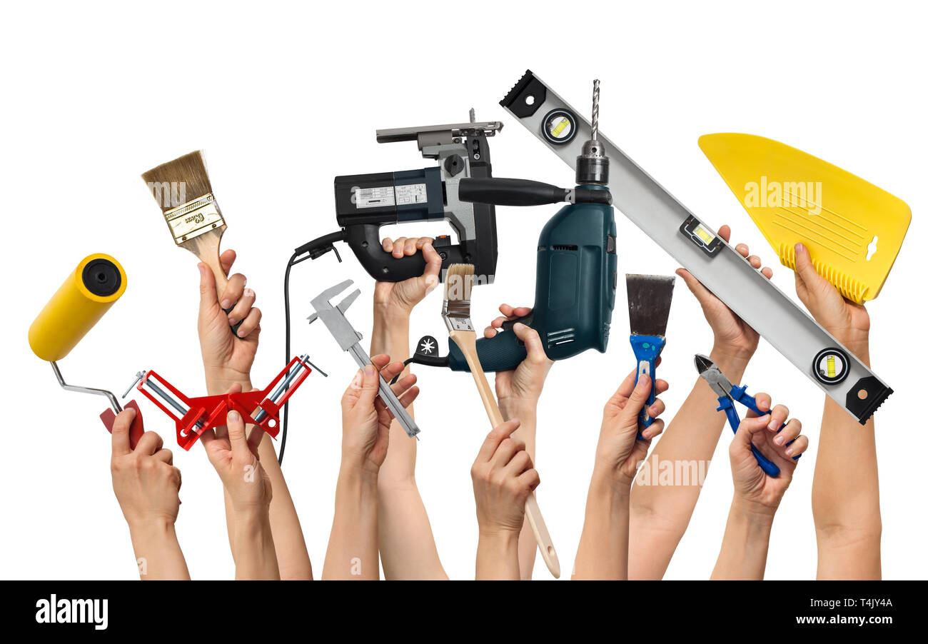 set of the tools for home repair in hands, on white background Stock Photo