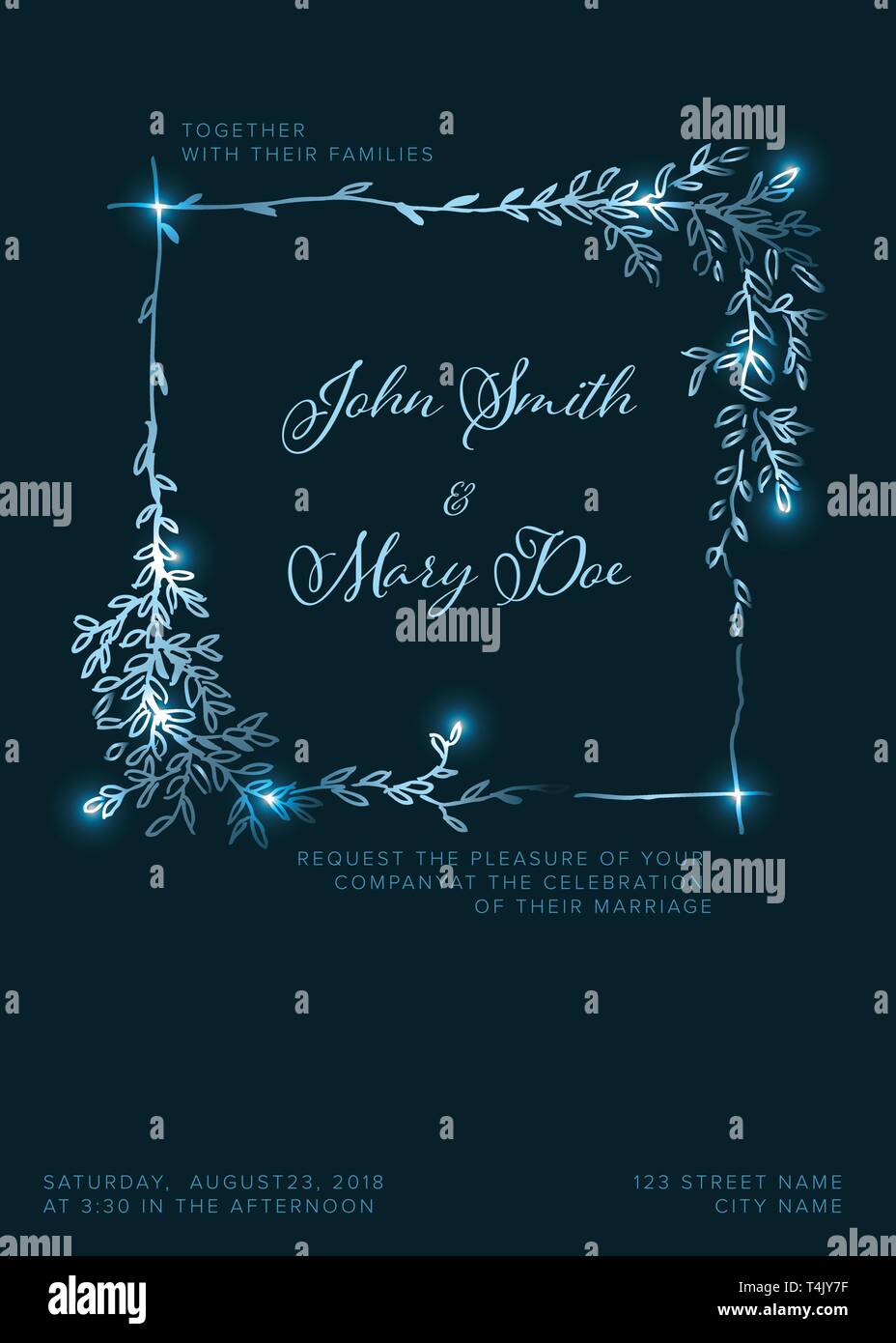 Vector Blue Silver Wedding Invitation Template With Leafs And