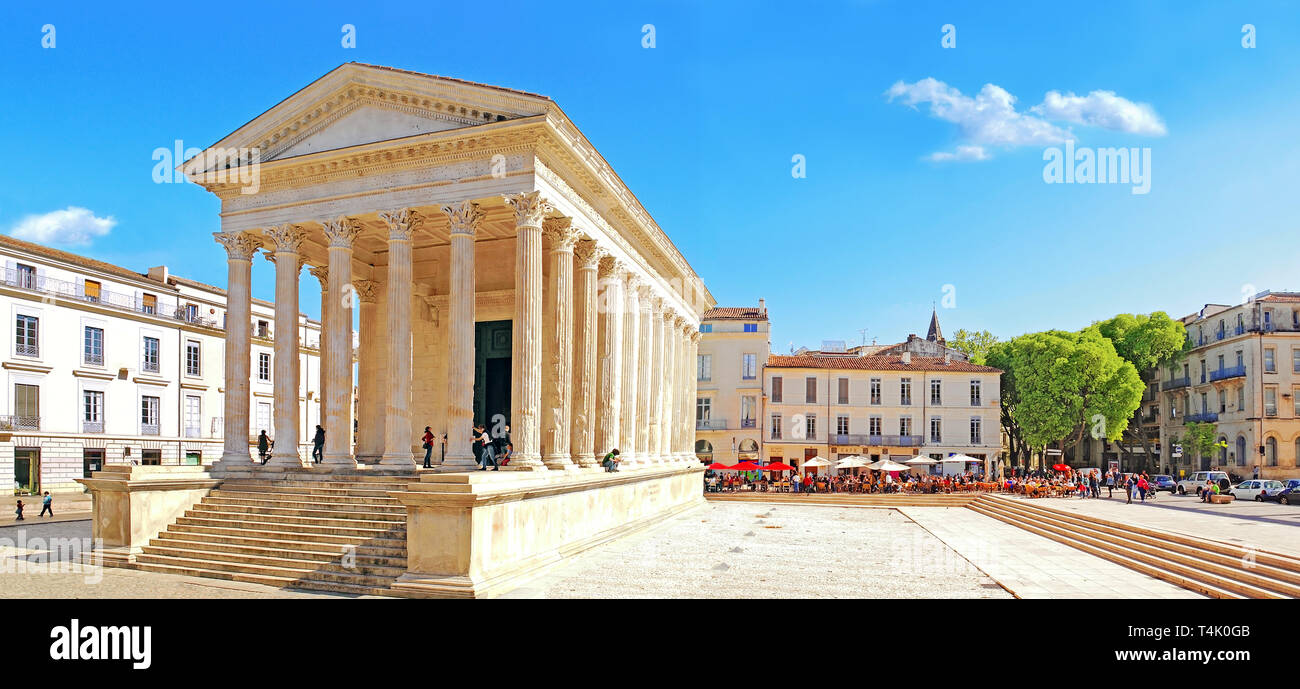 Roman square house of Nîmes. Panoramique of the place. France. Stock Photo