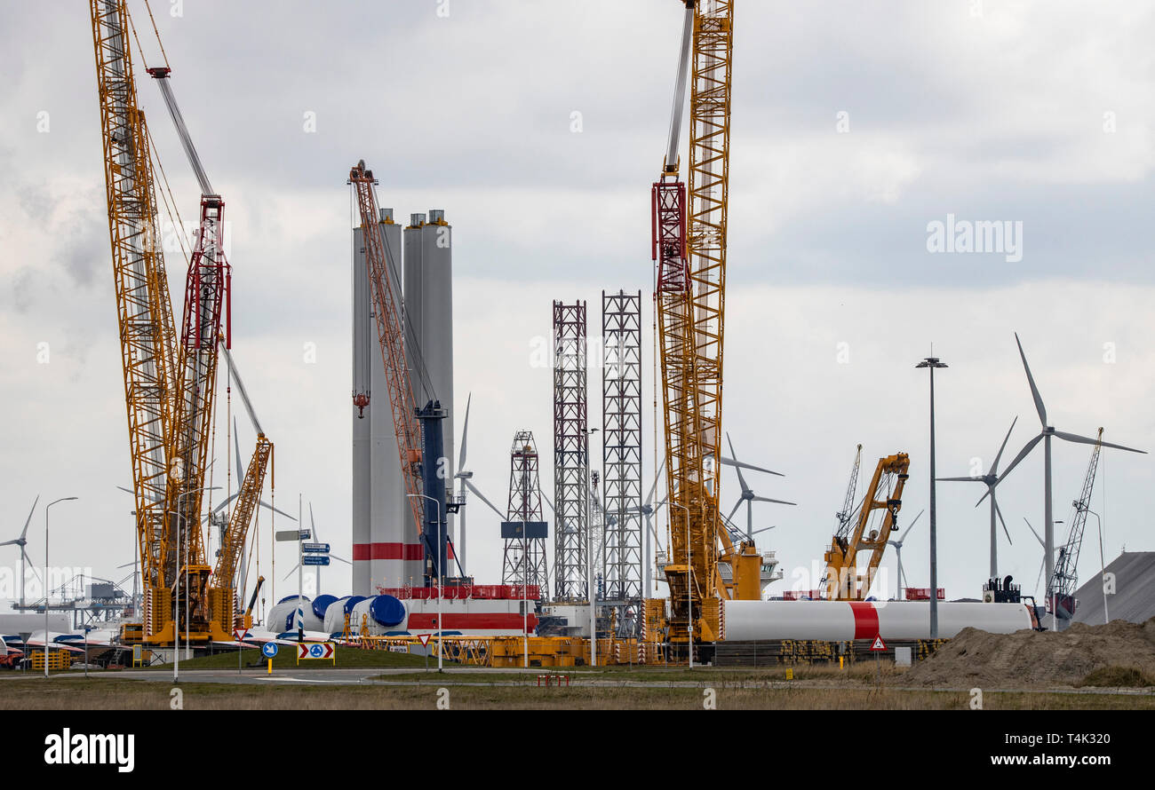 Eemshaven seaport in the north-west of the Netherlands, BUSS terminal, logistics hub for offshore wind farms in the North Sea, installation of offshor Stock Photo