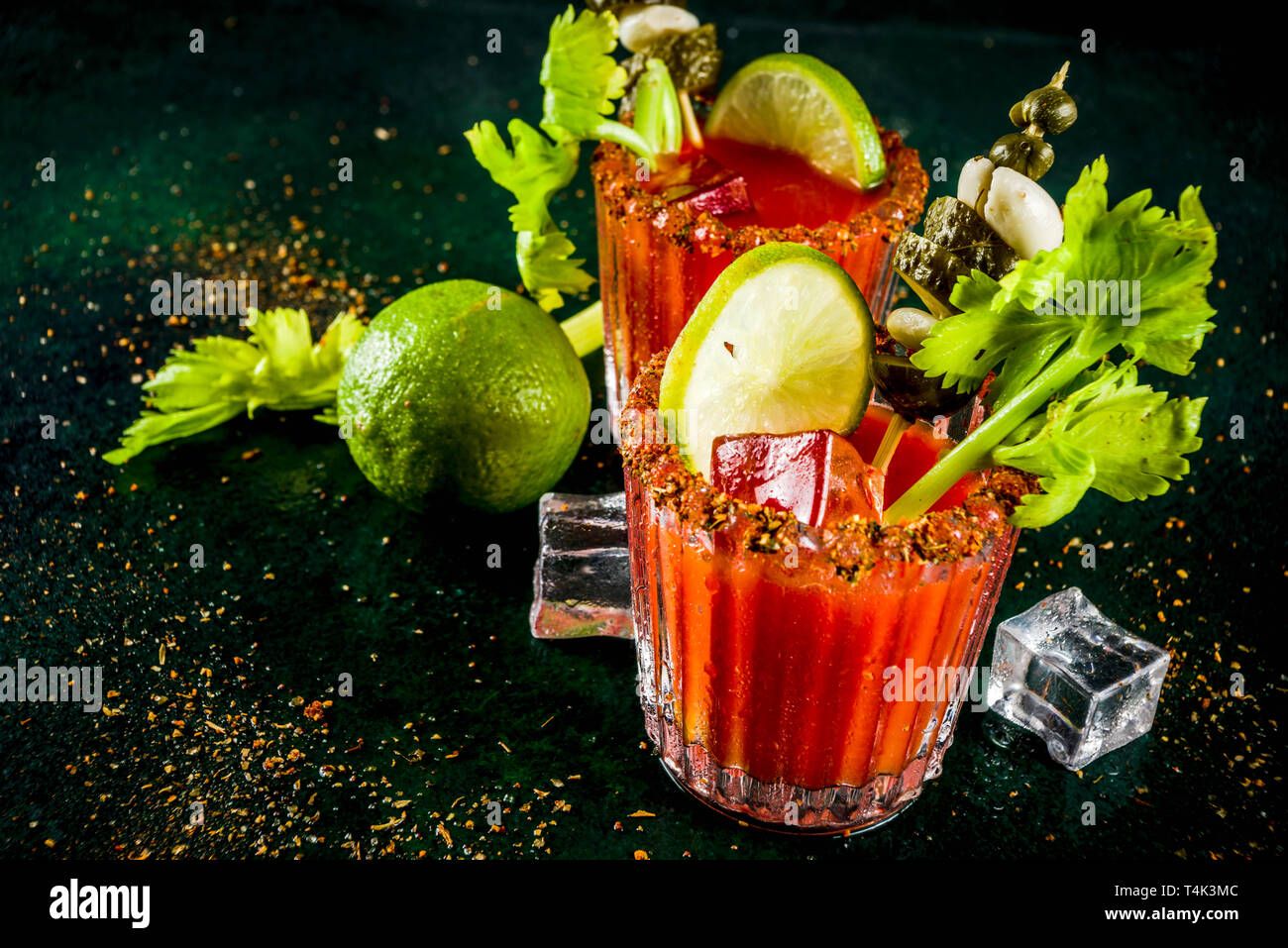 Spicy bloody mary cocktail with garnish . Homemade texmex styled