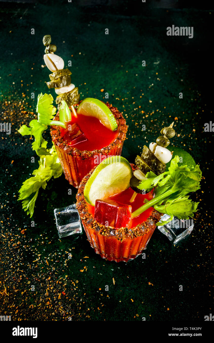 Spicy bloody mary cocktail with garnish . Homemade texmex styled