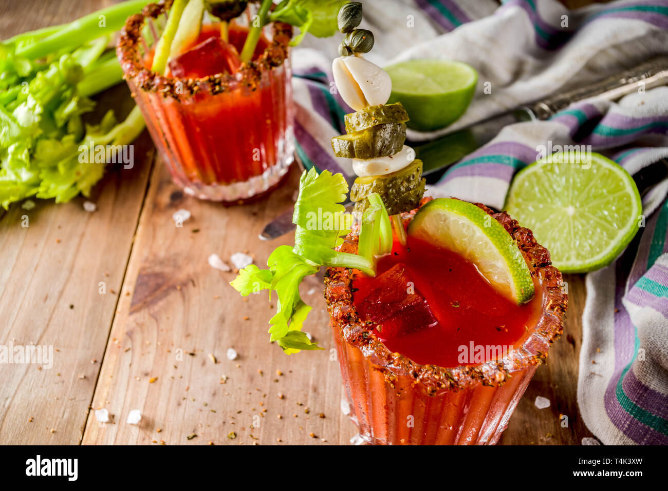 Spicy bloody mary cocktail with garnish . Homemade texmex styled